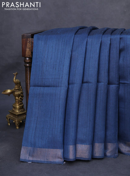 Pure dupion silk saree peacock blue and beige with plain body and madhubani printed pallu