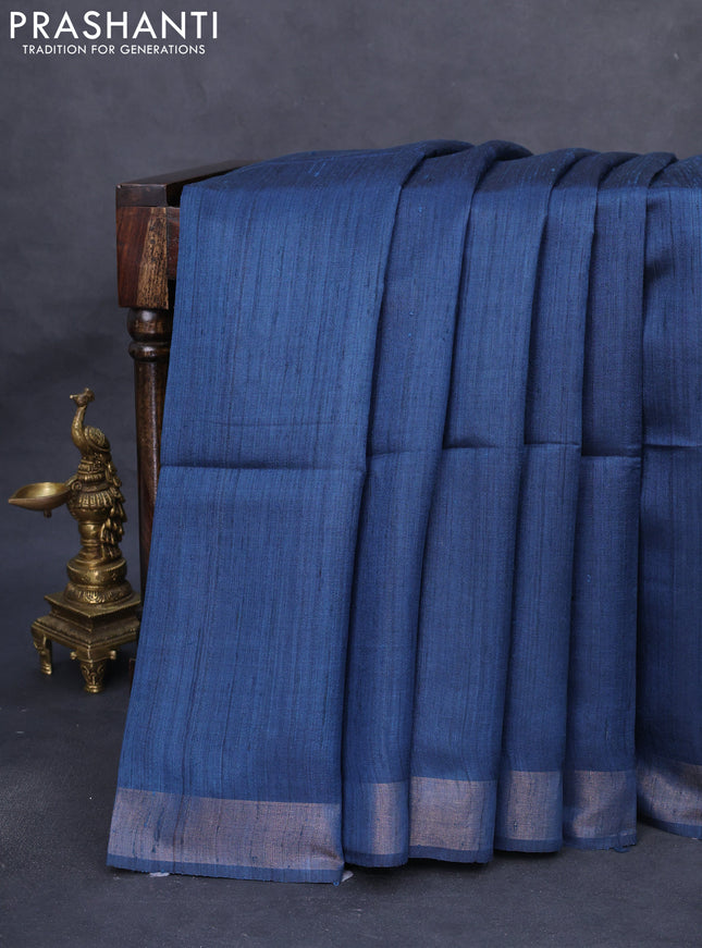 Pure dupion silk saree peacock blue and beige with plain body and madhubani printed pallu