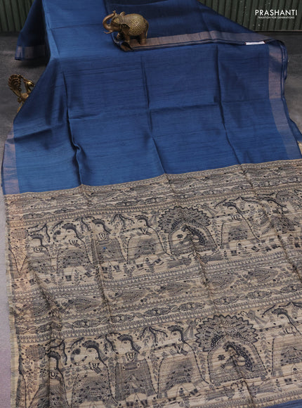 Pure dupion silk saree peacock blue and beige with plain body and madhubani printed pallu