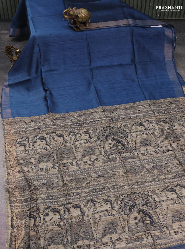 Pure dupion silk saree peacock blue and beige with plain body and madhubani printed pallu
