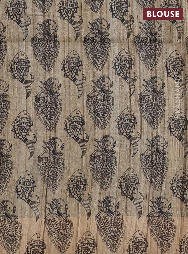 Pure dupion silk saree peacock blue and beige with plain body and madhubani printed pallu