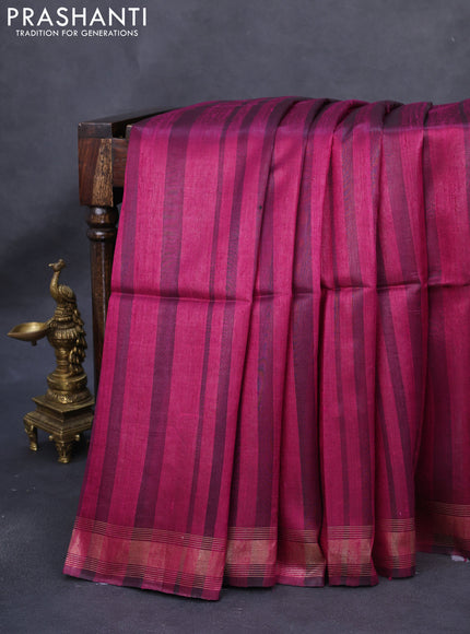 Pure dupion silk saree purple and black grey with allover strip pattern and kalamkari printed pallu