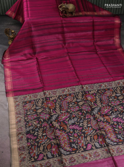 Pure dupion silk saree purple and black grey with allover strip pattern and kalamkari printed pallu