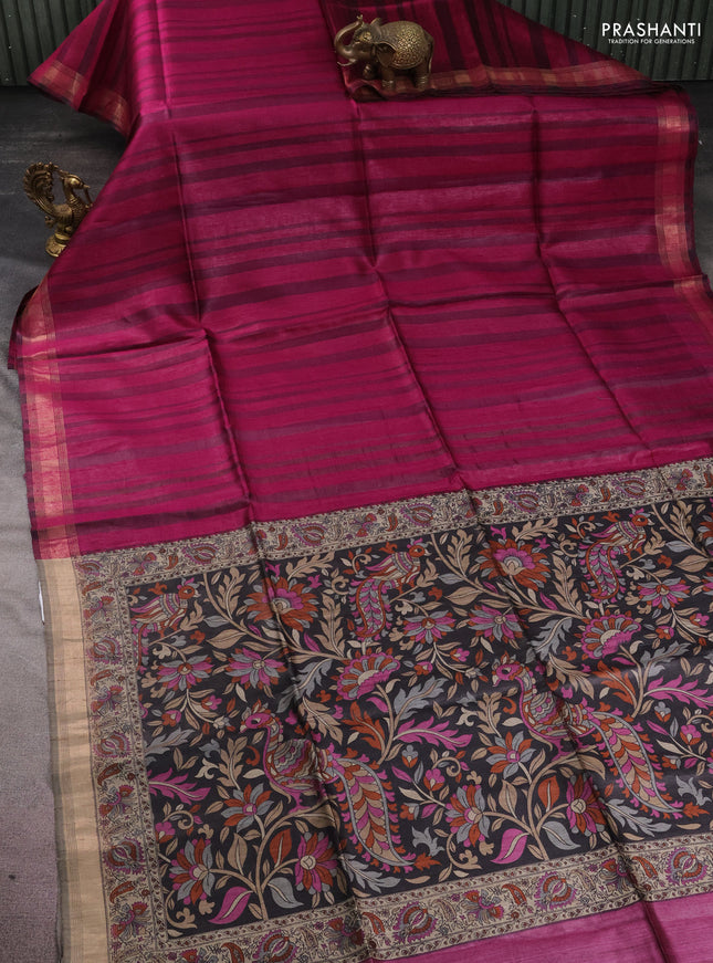 Pure dupion silk saree purple and black grey with allover strip pattern and kalamkari printed pallu