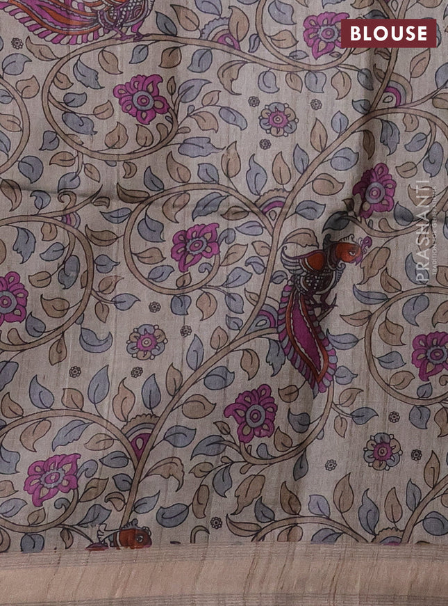 Pure dupion silk saree purple and black grey with allover strip pattern and kalamkari printed pallu