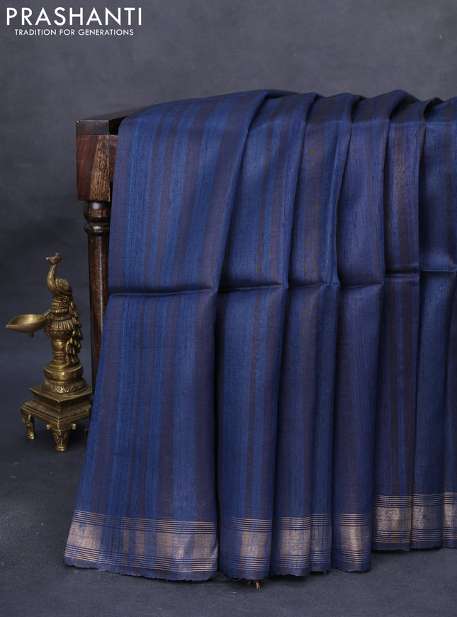 Pure dupion silk saree peacock blue and black with allover strip pattern and kalamkari printed pallu
