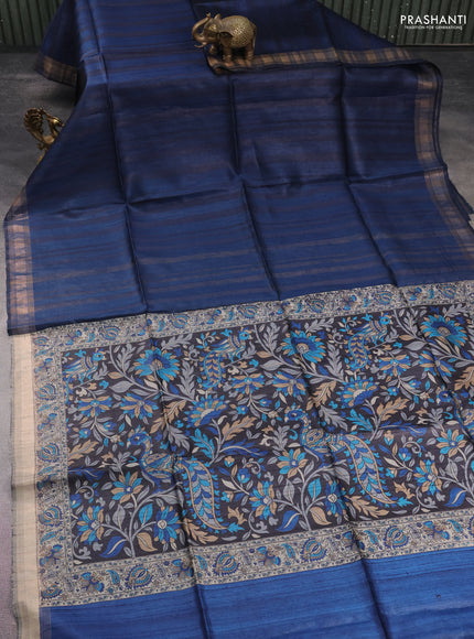Pure dupion silk saree peacock blue and black with allover strip pattern and kalamkari printed pallu