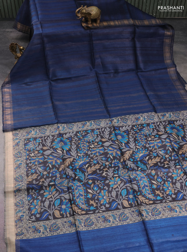 Pure dupion silk saree peacock blue and black with allover strip pattern and kalamkari printed pallu