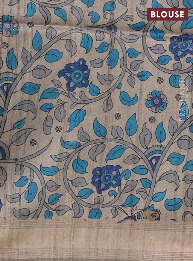 Pure dupion silk saree peacock blue and black with allover strip pattern and kalamkari printed pallu