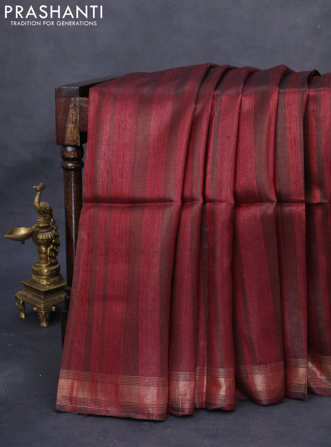 Pure dupion silk saree maroon and black beige with allover strip pattern and kalamkari printed pallu