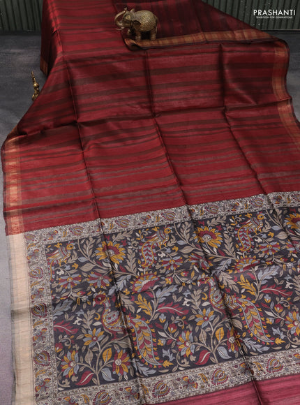 Pure dupion silk saree maroon and black beige with allover strip pattern and kalamkari printed pallu