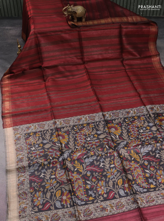 Pure dupion silk saree maroon and black beige with allover strip pattern and kalamkari printed pallu