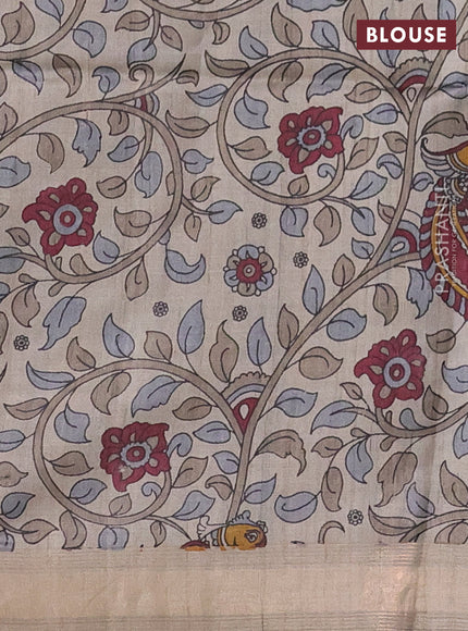 Pure dupion silk saree maroon and black beige with allover strip pattern and kalamkari printed pallu