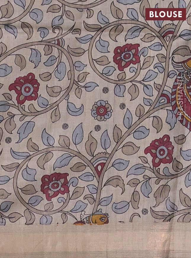 Pure dupion silk saree maroon and black beige with allover strip pattern and kalamkari printed pallu