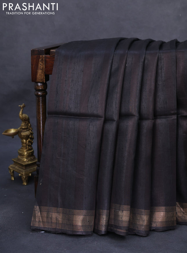 Pure dupion silk saree black with plain body and kalamkari printed pallu