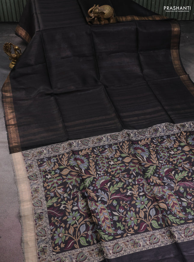 Pure dupion silk saree black with plain body and kalamkari printed pallu