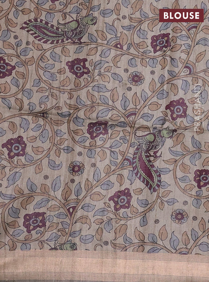 Pure dupion silk saree black with plain body and kalamkari printed pallu