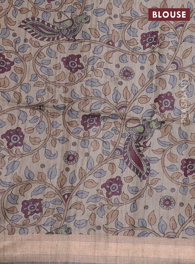 Pure dupion silk saree black with plain body and kalamkari printed pallu