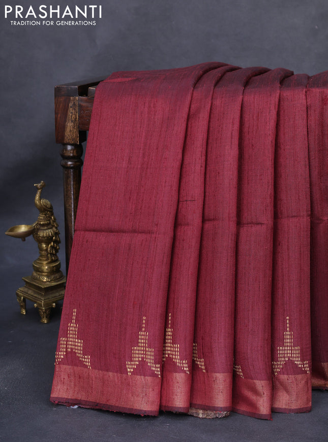 Pure dupion silk saree maroon and beige with plain body and kalamkari printed pallu