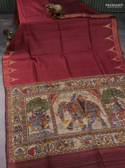 Pure dupion silk saree maroon and beige with plain body and kalamkari printed pallu