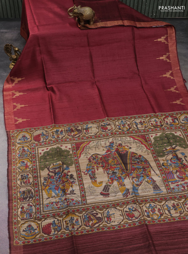 Pure dupion silk saree maroon and beige with plain body and kalamkari printed pallu