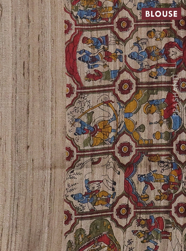 Pure dupion silk saree maroon and beige with plain body and kalamkari printed pallu