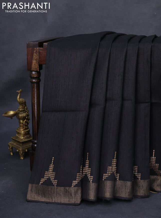 Pure dupion silk saree black and beige with plain body and kalamkari printed pallu