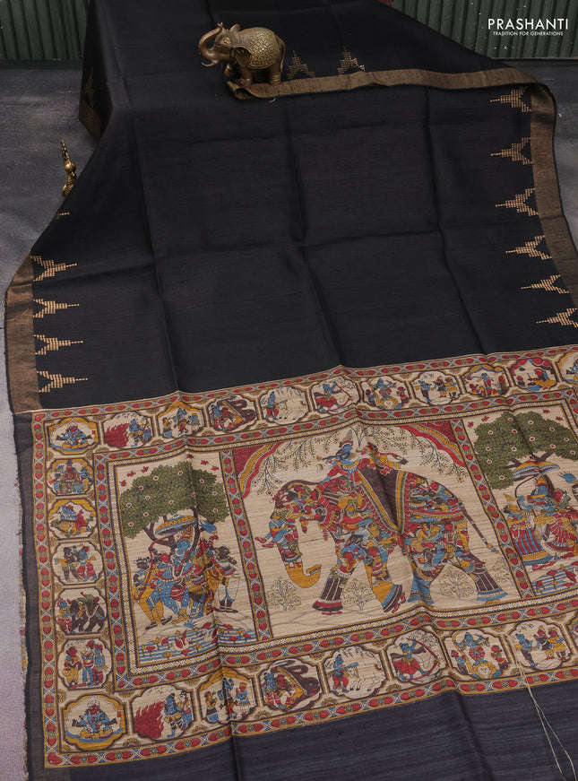 Pure dupion silk saree black and beige with plain body and kalamkari printed pallu