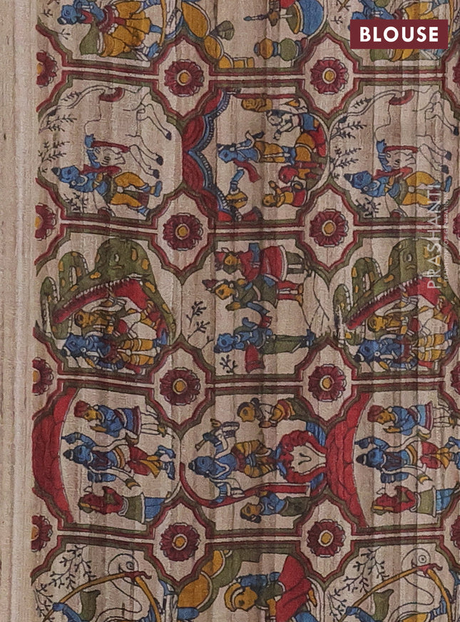 Pure dupion silk saree black and beige with plain body and kalamkari printed pallu