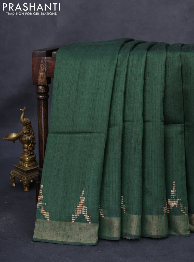 Pure dupion silk saree sap green and beige with plain body and kalamkari printed pallu