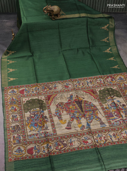 Pure dupion silk saree sap green and beige with plain body and kalamkari printed pallu