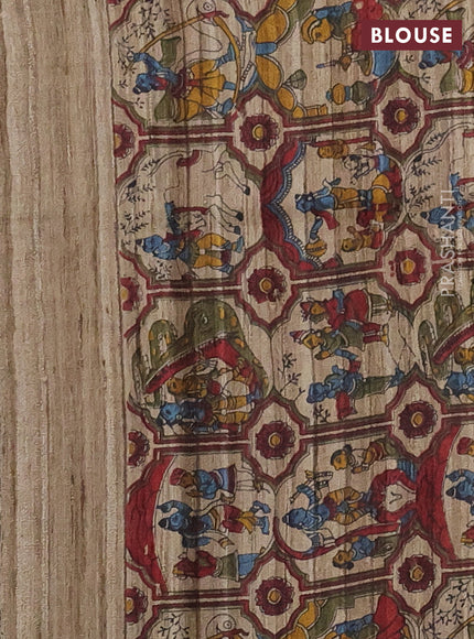 Pure dupion silk saree sap green and beige with plain body and kalamkari printed pallu