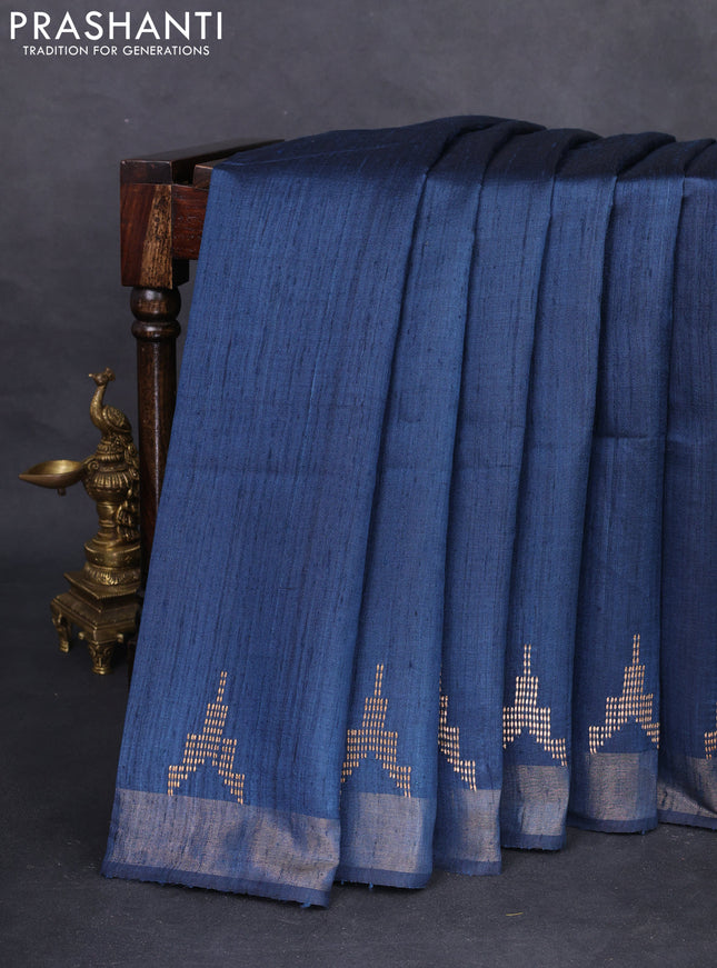 Pure dupion silk saree peacock blue and beige with plain body and kalamkari printed pallu