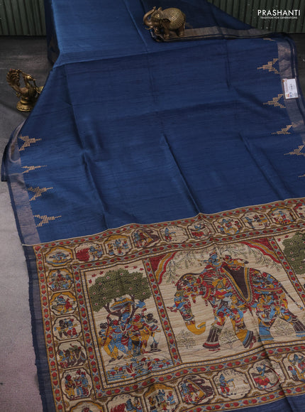 Pure dupion silk saree peacock blue and beige with plain body and kalamkari printed pallu