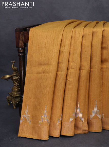 Pure dupion silk saree mustard yellow and beige with plain body and kalamkari printed pallu