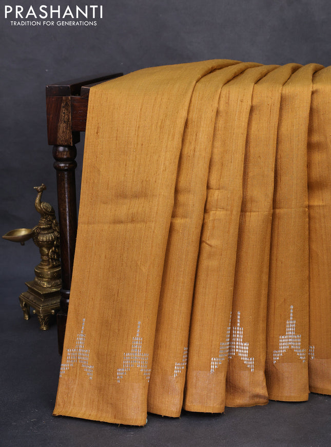 Pure dupion silk saree mustard yellow and beige with plain body and kalamkari printed pallu