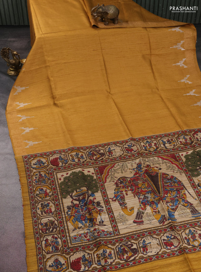 Pure dupion silk saree mustard yellow and beige with plain body and kalamkari printed pallu