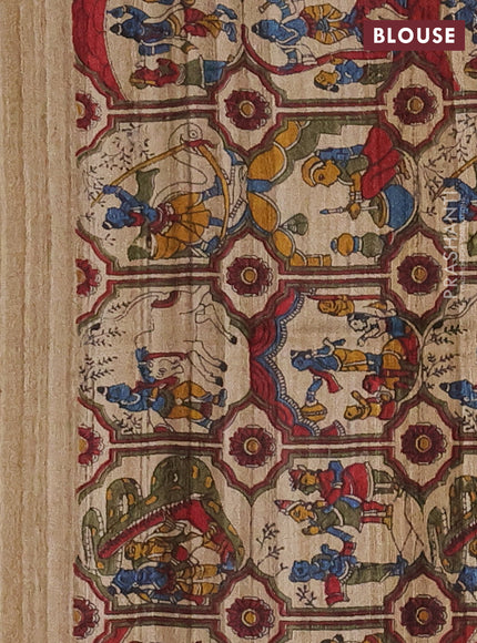 Pure dupion silk saree mustard yellow and beige with plain body and kalamkari printed pallu