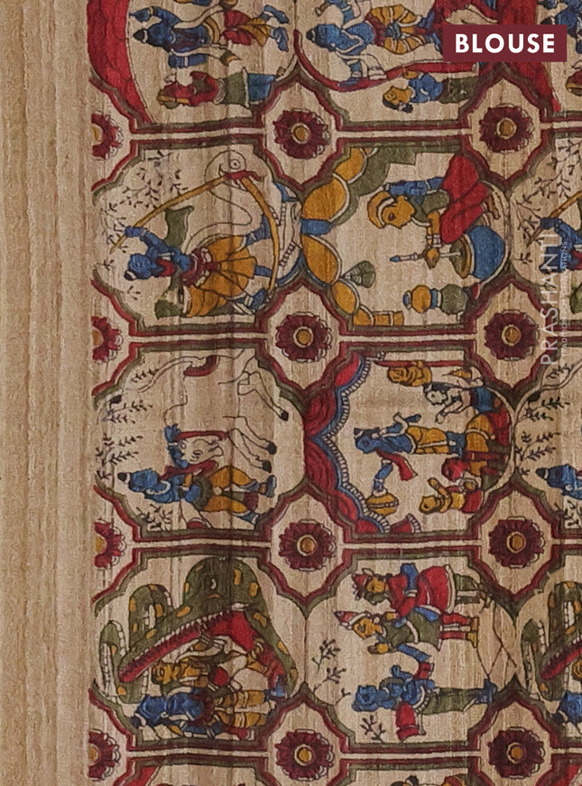 Pure dupion silk saree mustard yellow and beige with plain body and kalamkari printed pallu