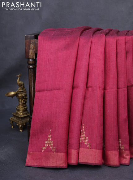 Pure dupion silk saree dark pink and beige with plain body and kalamkari printed pallu