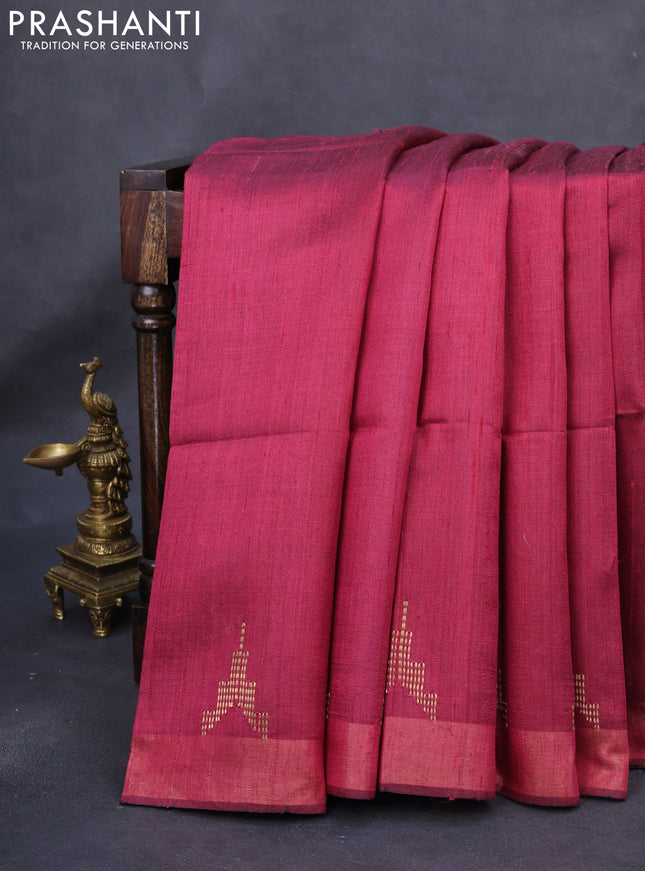 Pure dupion silk saree dark pink and beige with plain body and kalamkari printed pallu
