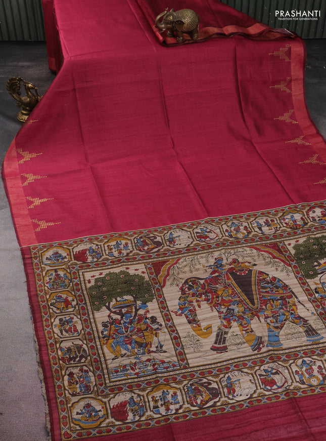 Pure dupion silk saree dark pink and beige with plain body and kalamkari printed pallu