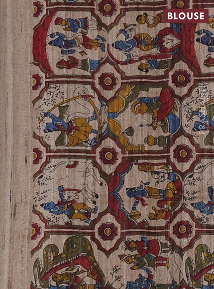 Pure dupion silk saree dark pink and beige with plain body and kalamkari printed pallu