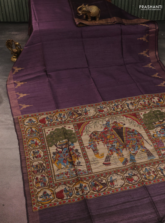 Pure dupion silk saree wine shade and beige with plain body and kalamkari printed pallu