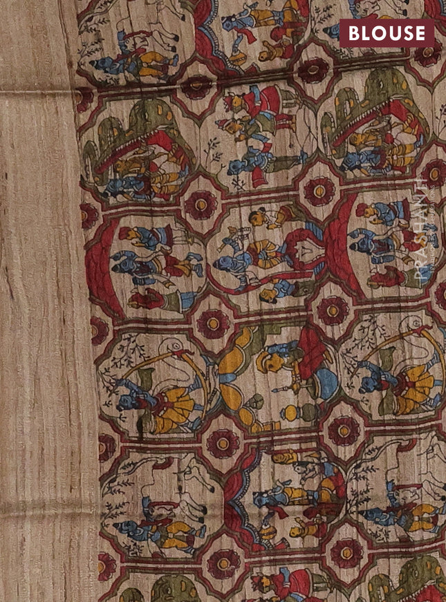 Pure dupion silk saree wine shade and beige with plain body and kalamkari printed pallu