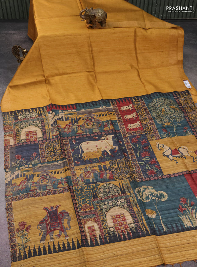 Pure dupion silk saree dark mustard with plain body and printed pallu