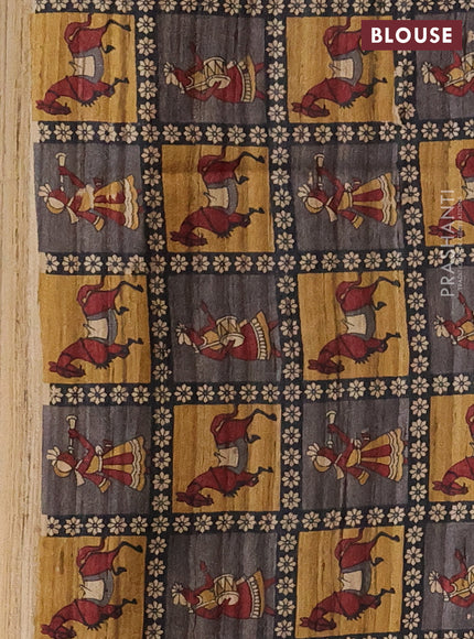 Pure dupion silk saree dark mustard with plain body and printed pallu