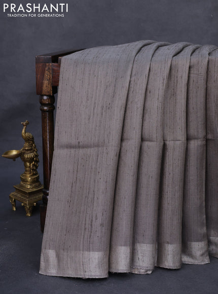 Pure dupion silk saree grey and multi colour with plain body and kalamkari printed pallu