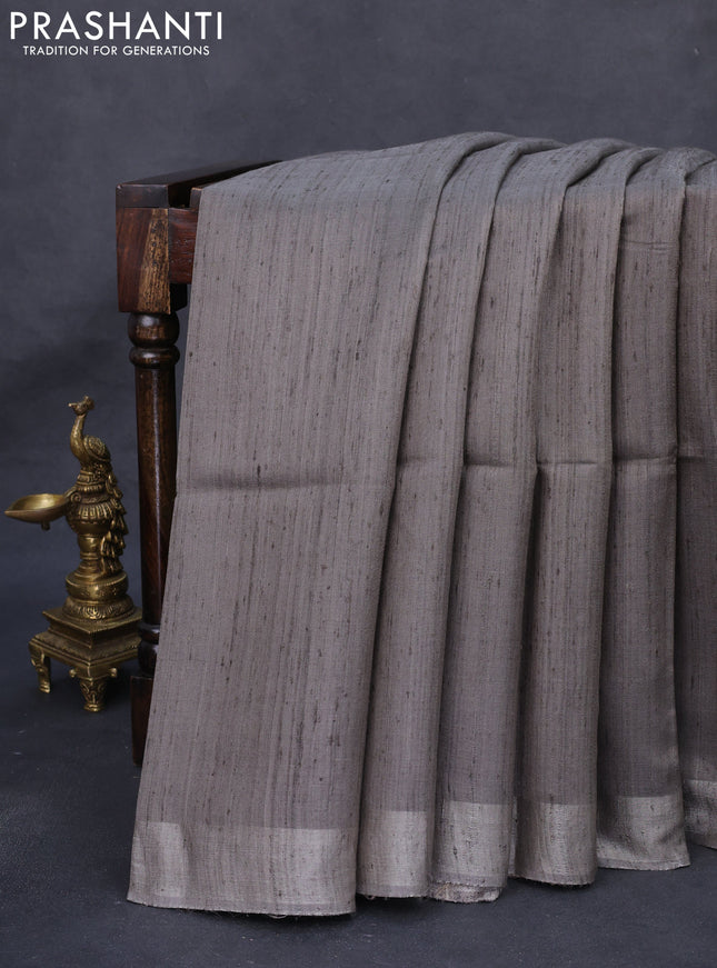 Pure dupion silk saree grey and multi colour with plain body and kalamkari printed pallu