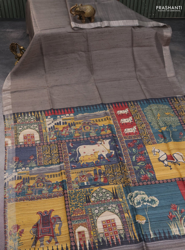 Pure dupion silk saree grey and multi colour with plain body and kalamkari printed pallu